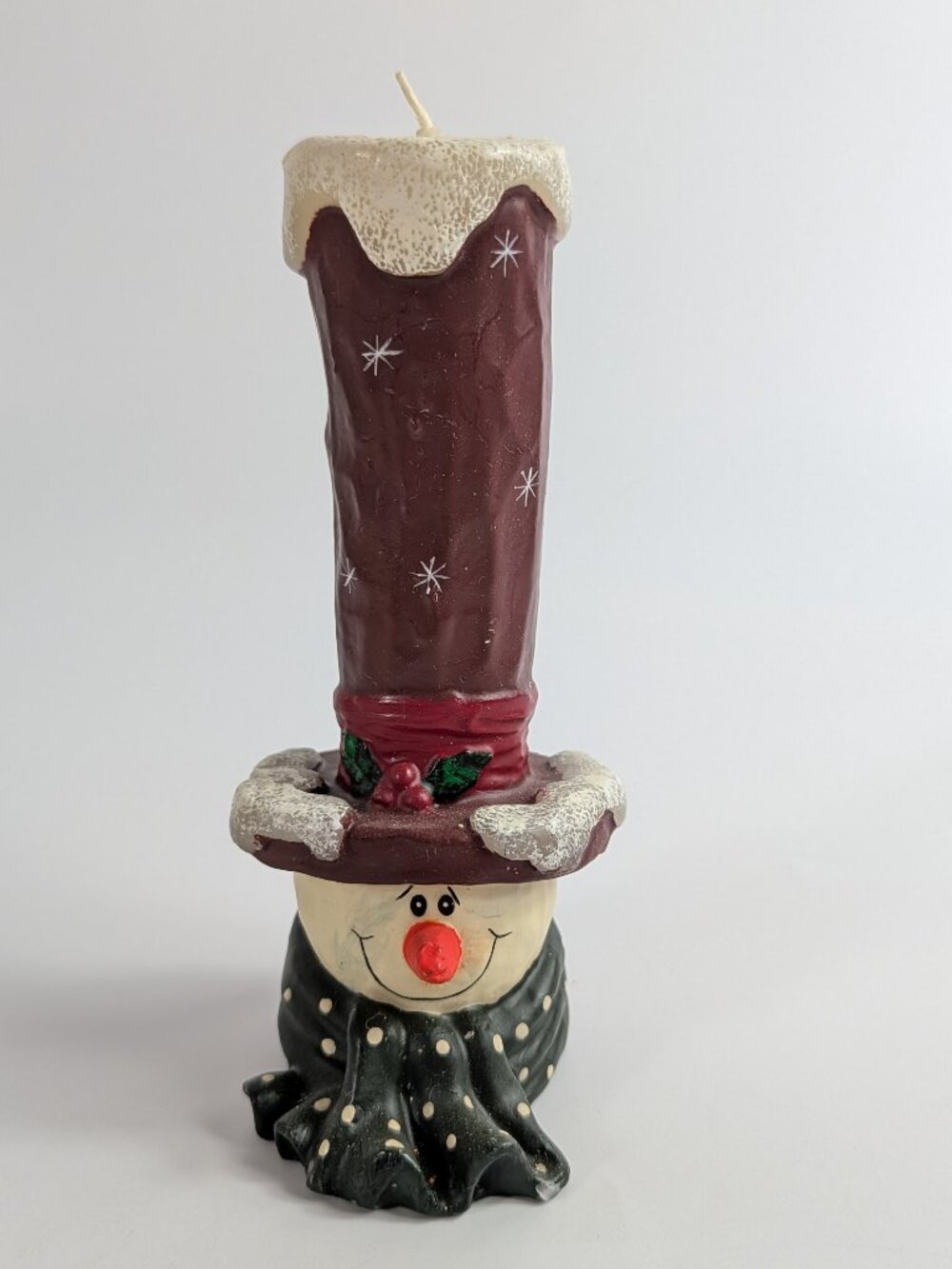 Large Vintage Snowman Candle Tall Red Hat and Green Scarf New 6"